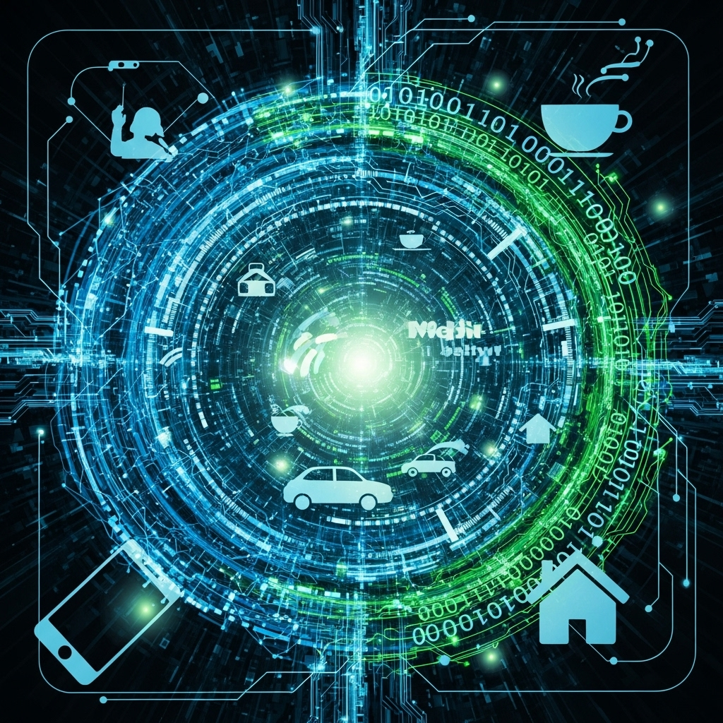Abstract square image featuring interconnected geometric shapes and digital icons symbolizing the impact of technology on everyday life, with vibrant colors illustrating dynamic change and innovation.