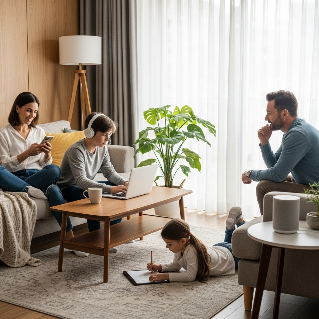 A cozy home setting featuring everyday people engaged with smartphones, laptops, and a smart assistant, illuminated by natural light, creating a modern and inviting atmosphere.