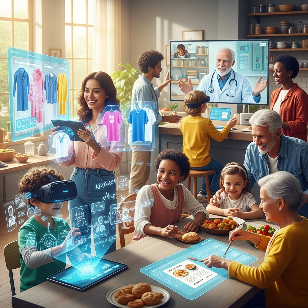 A lively scene showing a diverse group of adults and children participating in daily activities like online shopping, virtual learning, and telemedicine, all taking place in a bright and cheerful setting.
