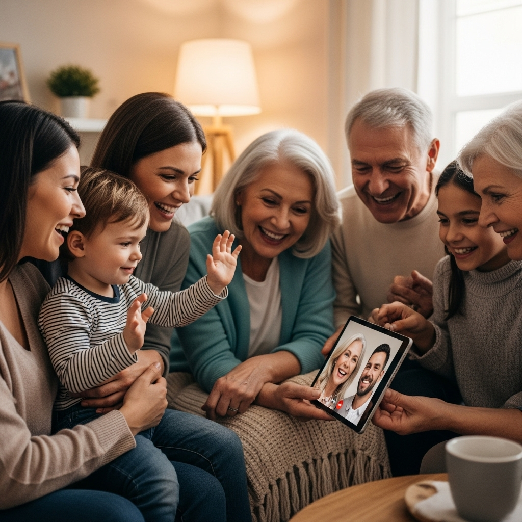 A multi-generational family gathered in a cozy living room, smiling and engaged in a video call on a tablet, showcasing warmth and connectedness.