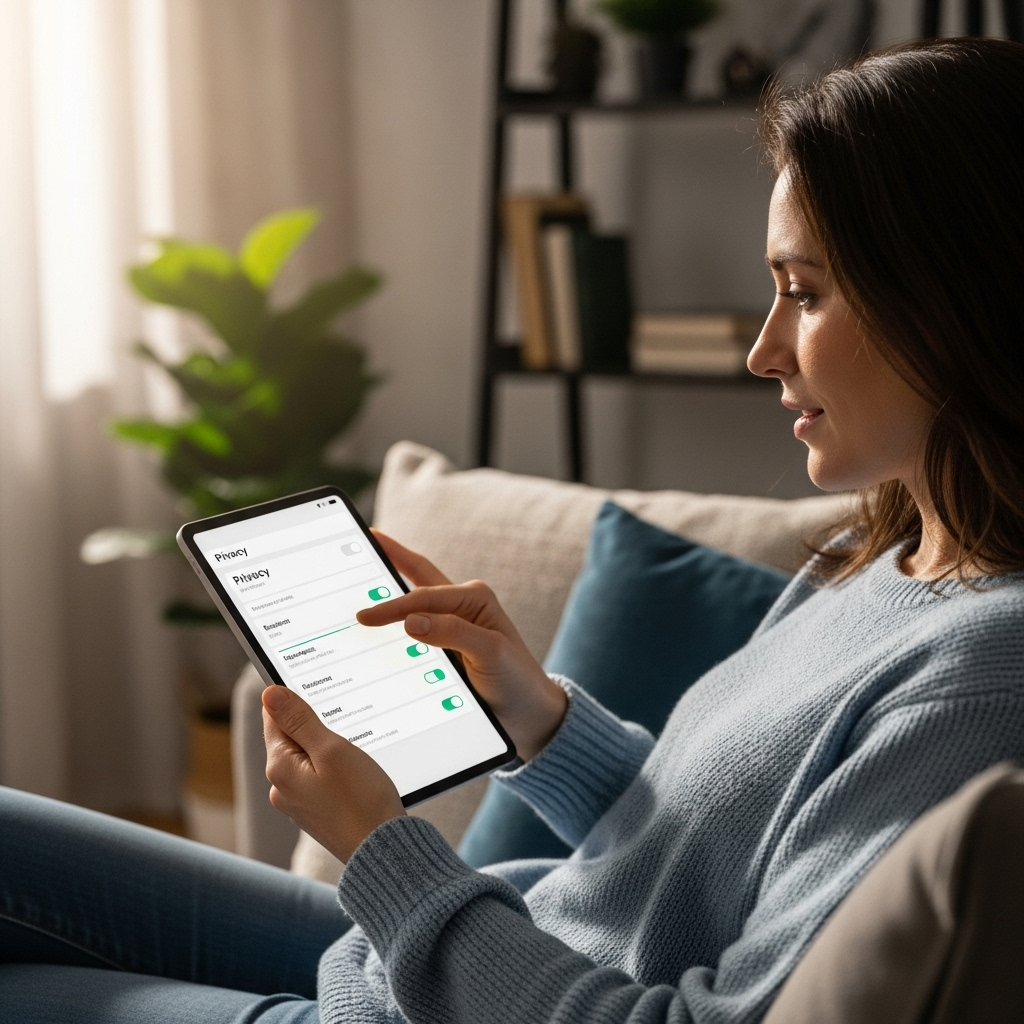 A confident person calmly reviewing security and privacy settings on a digital device in a relaxed environment with soft natural lighting, highlighting a privacy-focused mood.