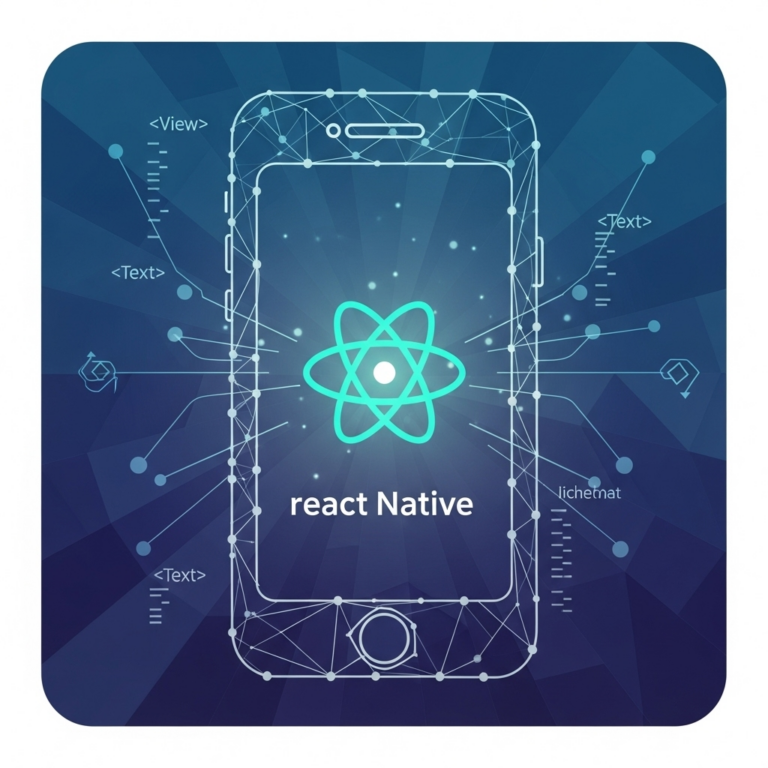 An abstract, square-shaped digital illustration featuring interconnected geometric shapes and vibrant colors, symbolizing innovation and technology, representing React Native App Development Services: A Clear Overview.