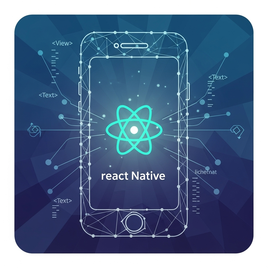 The alt description is: An abstract, square-shaped digital illustration featuring interconnected geometric shapes and vibrant colors, symbolizing innovation and technology, representing React Native App Development Services: A Clear Overview.