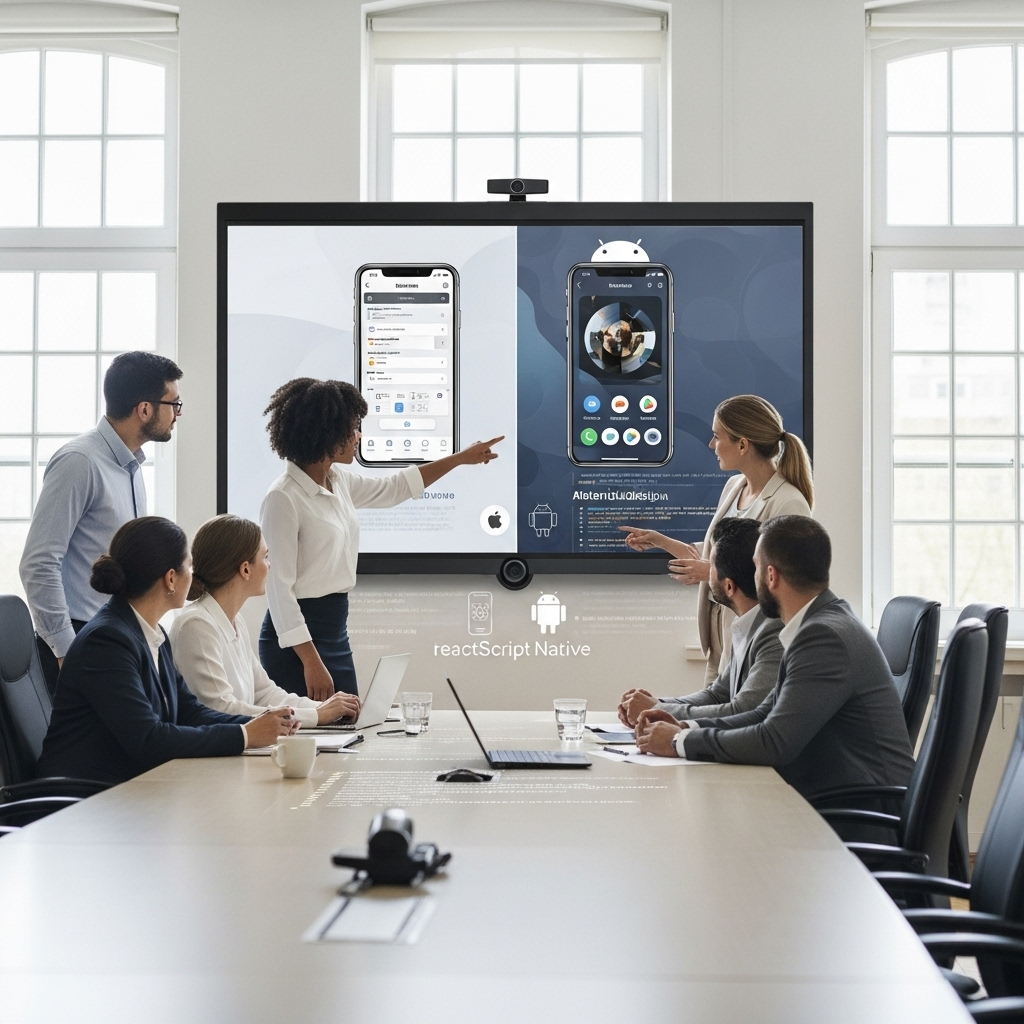 A group of diverse business professionals gathered in a modern meeting room, attentively viewing a large digital screen showcasing iOS and Android app mockups, highlighting cross-platform mobile app development. The scene includes subtle technology visuals like code snippets and device icons, emphasizing collaboration and innovation.