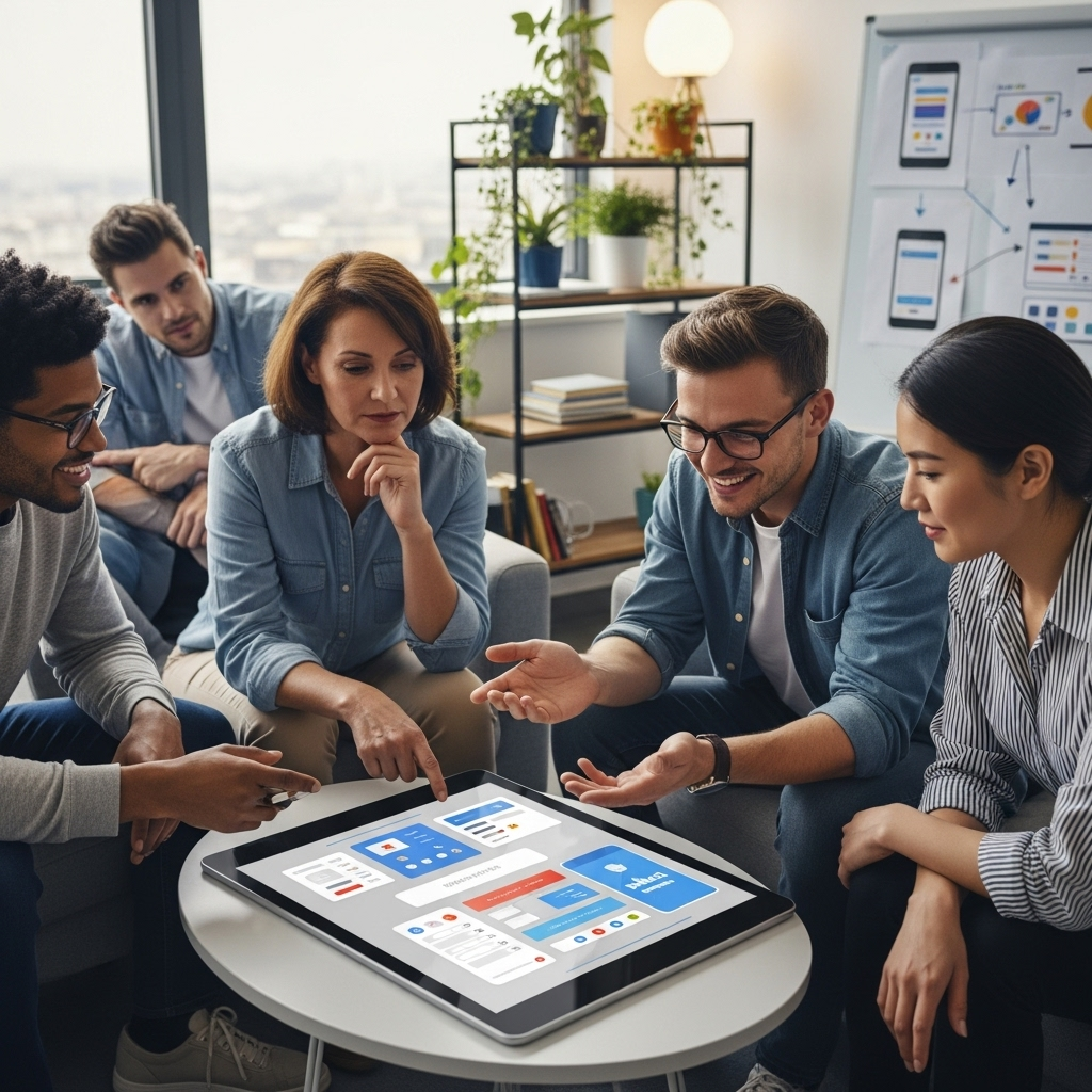 A modern and friendly setting where a collaborative app development team is guiding a non-technical business owner through a tablet displaying a mobile app prototype, highlighting trust and teamwork with subtle app interface design elements.