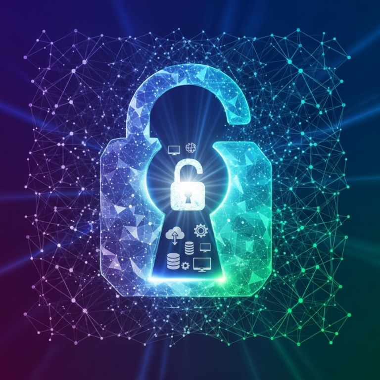 Abstract square image featuring interconnected digital nodes and vibrant data streams symbolizing innovation and connectivity, representing custom software development services unlocking digital potential.