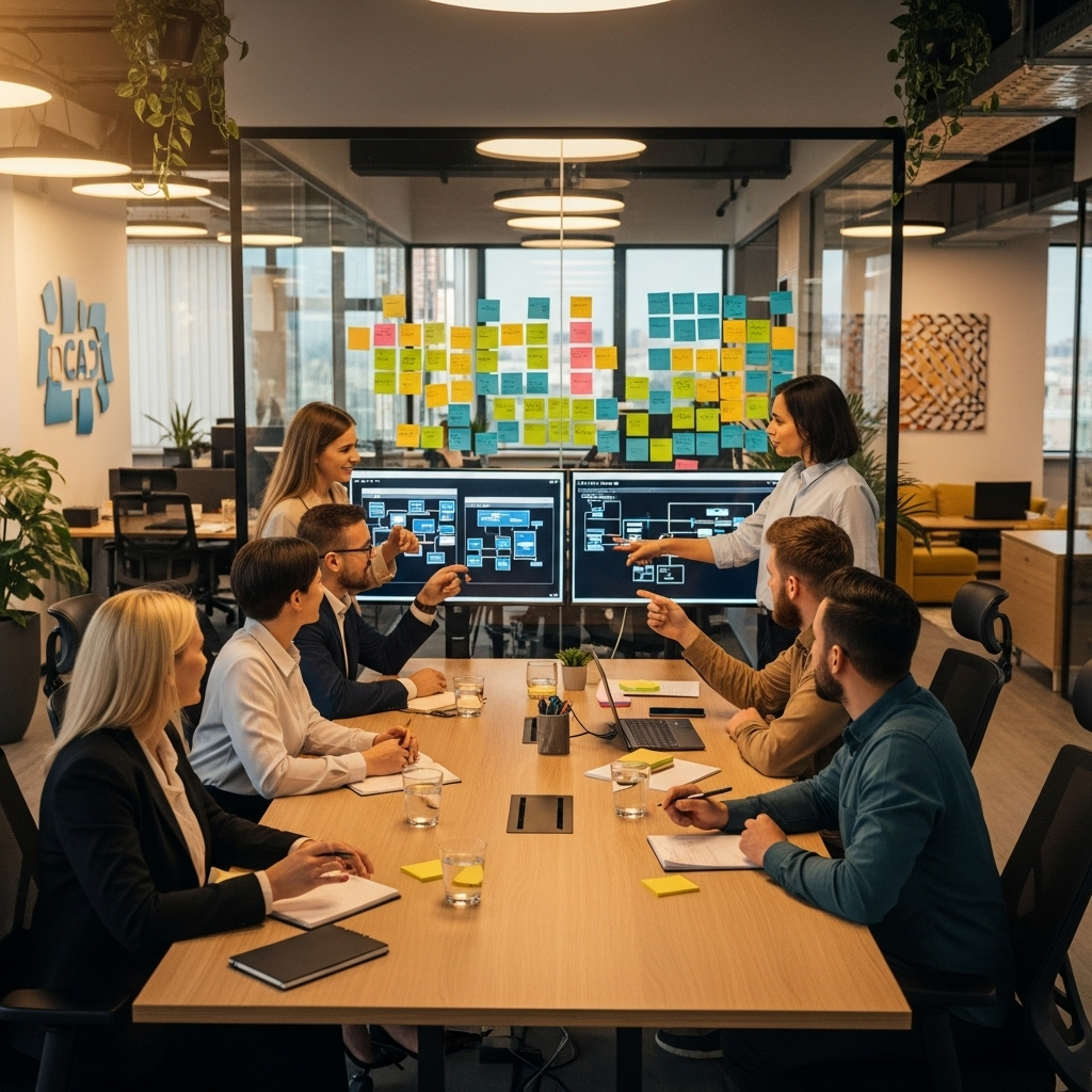 A bright and modern office where a diverse group of business professionals and software developers collaborate around a table covered with colorful sticky notes and digital screens, creating a warm and engaging environment.