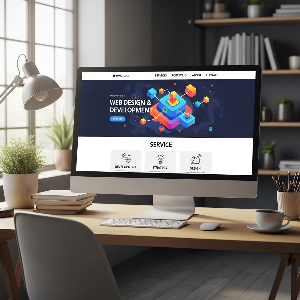 A large screen displaying a beautiful and professional website design with user-friendly navigation, attractive layouts, and branding elements, set in a comfortable workspace environment, illustrating web design and development services.