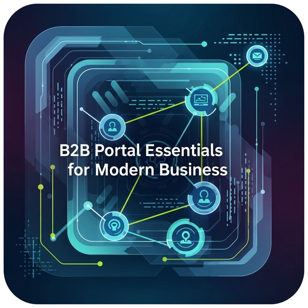 Abstract square image featuring interconnected geometric shapes and digital network patterns symbolizing connectivity and efficiency, representing the essentials of a modern business b2b portal.