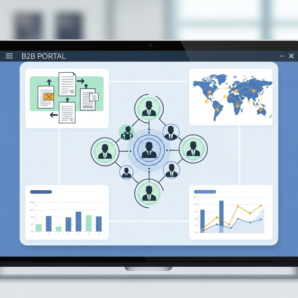A modern, clean illustration of a digital dashboard on a computer screen, featuring interconnected business people, digital document sharing, and analytics charts, conveying seamless business interactions and collaboration with light, professional colors.