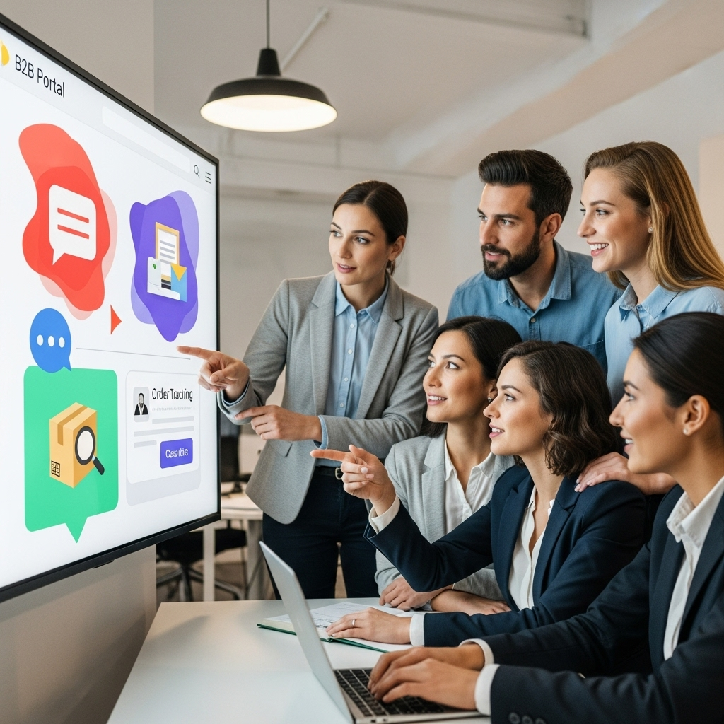 A diverse group of business professionals collaborating around a large digital display featuring icons for automated tasks, chat, and order tracking, conveying a friendly and efficient atmosphere of streamlined operations.