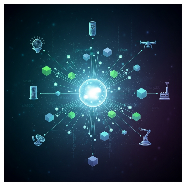 An abstract square image illustrating IoT architecture with interconnected digital nodes, circuits, and data flow lines symbolizing the complex network and communication within Internet of Things systems.