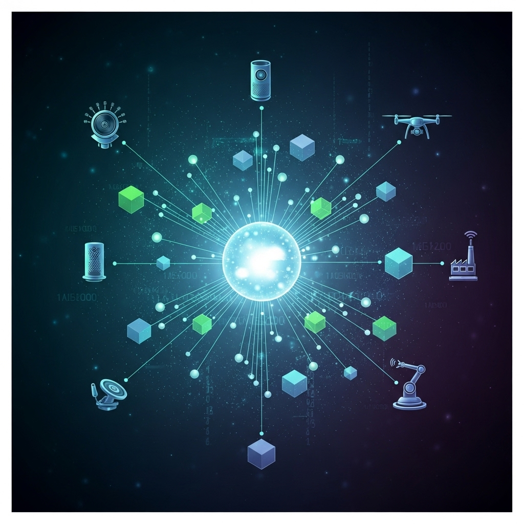 An abstract square image illustrating IoT architecture with interconnected digital nodes, circuits, and data flow lines symbolizing the complex network and communication within Internet of Things systems.