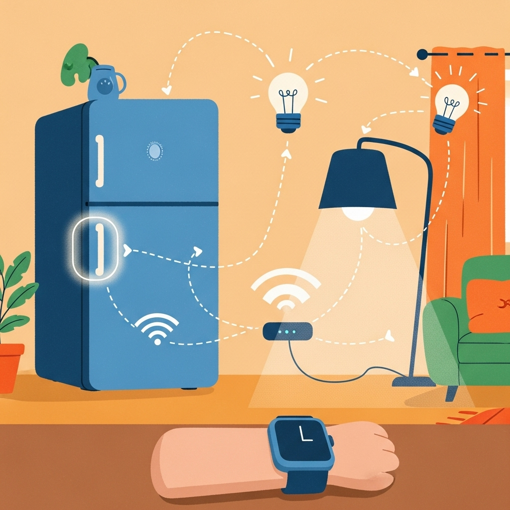 A warm and friendly illustration of common household smart devices—such as a smart refrigerator, smart lights, and a smartwatch—wirelessly connected in a cozy home setting, presented in a simple and approachable style without technical details.