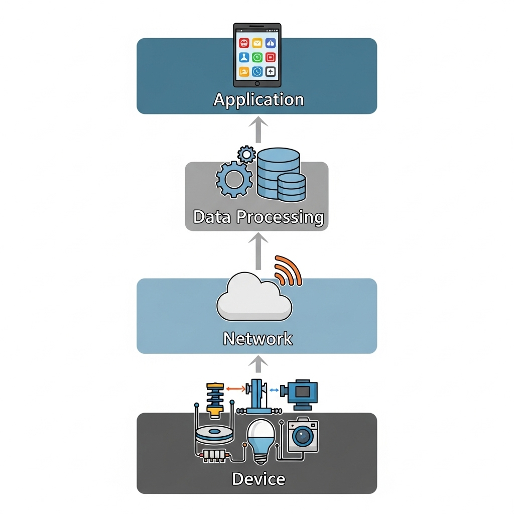 A clear visual diagram depicting four interconnected layers with icons and lines, illustrating the flow from devices through network and data processing to application, presented in a straightforward and engaging manner without relying on text.