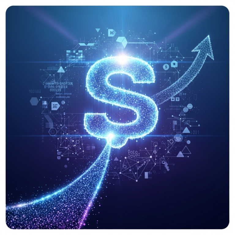 Abstract square image featuring interconnected geometric shapes and digital icons symbolizing data flow and business processes, representing the theme of Salesforce implementation: Your Path to Smarter Business.
