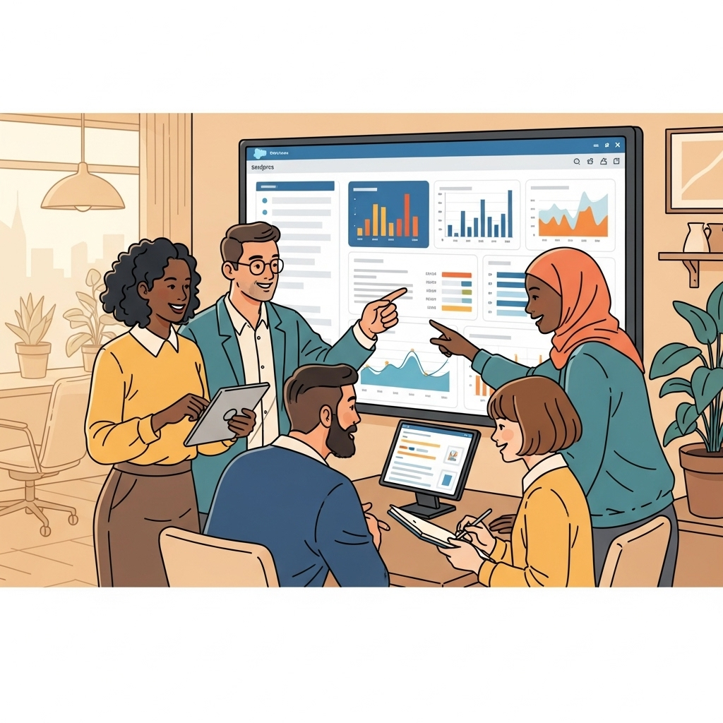 A cheerful, diverse business team gathered around a large touchscreen displaying colorful dashboards and graphs, engaging in discussion within a warm, modern office environment.