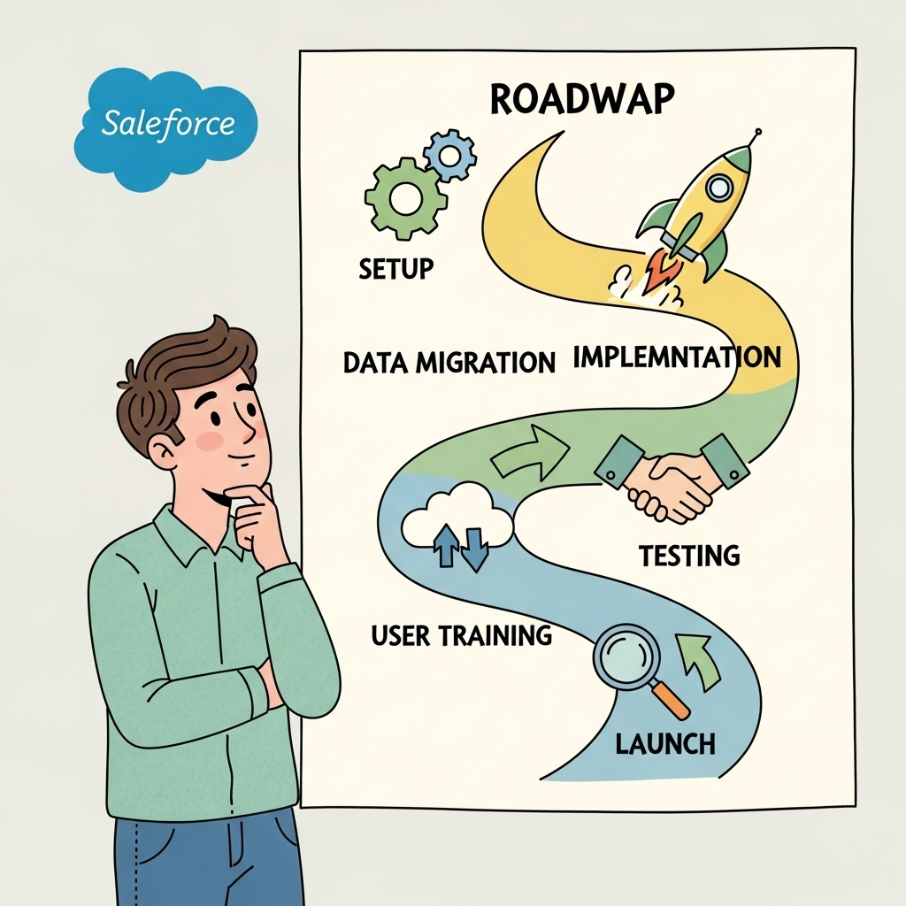 Hand-drawn style illustration of a beginner examining a colorful roadmap with step-by-step icons for guidance, using soft and approachable colors, conveying a sense of learning and planning.