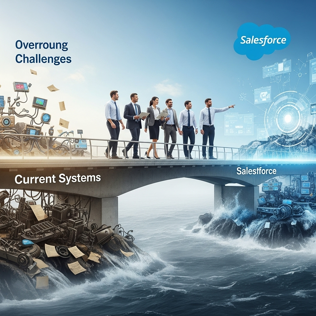 A team of people crossing a sturdy bridge spanning turbulent waters, symbolizing the journey from existing systems to a new solution, representing overcoming business challenges.
