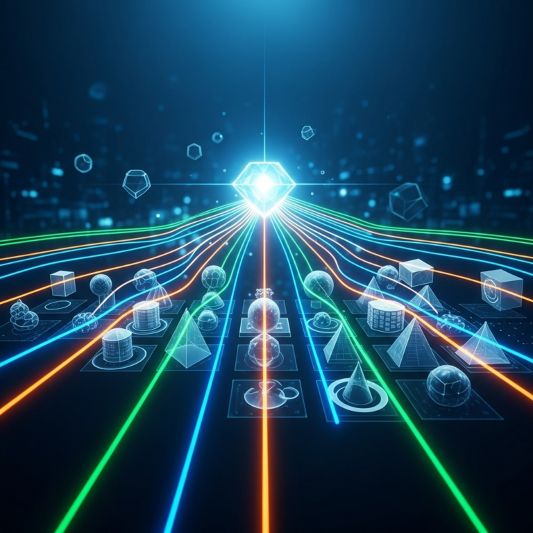 Abstract square image featuring interconnected geometric shapes and vibrant colors symbolizing data flow and analytics, representing business intelligence solutions empowering better decisions.