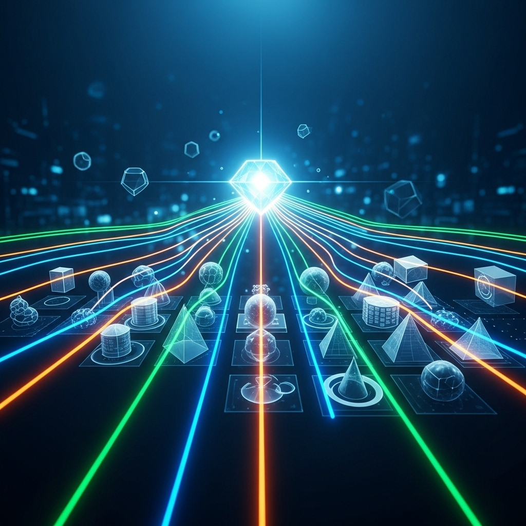 Abstract square image featuring interconnected geometric shapes and vibrant colors symbolizing data flow and analytics, representing business intelligence solutions empowering better decisions.