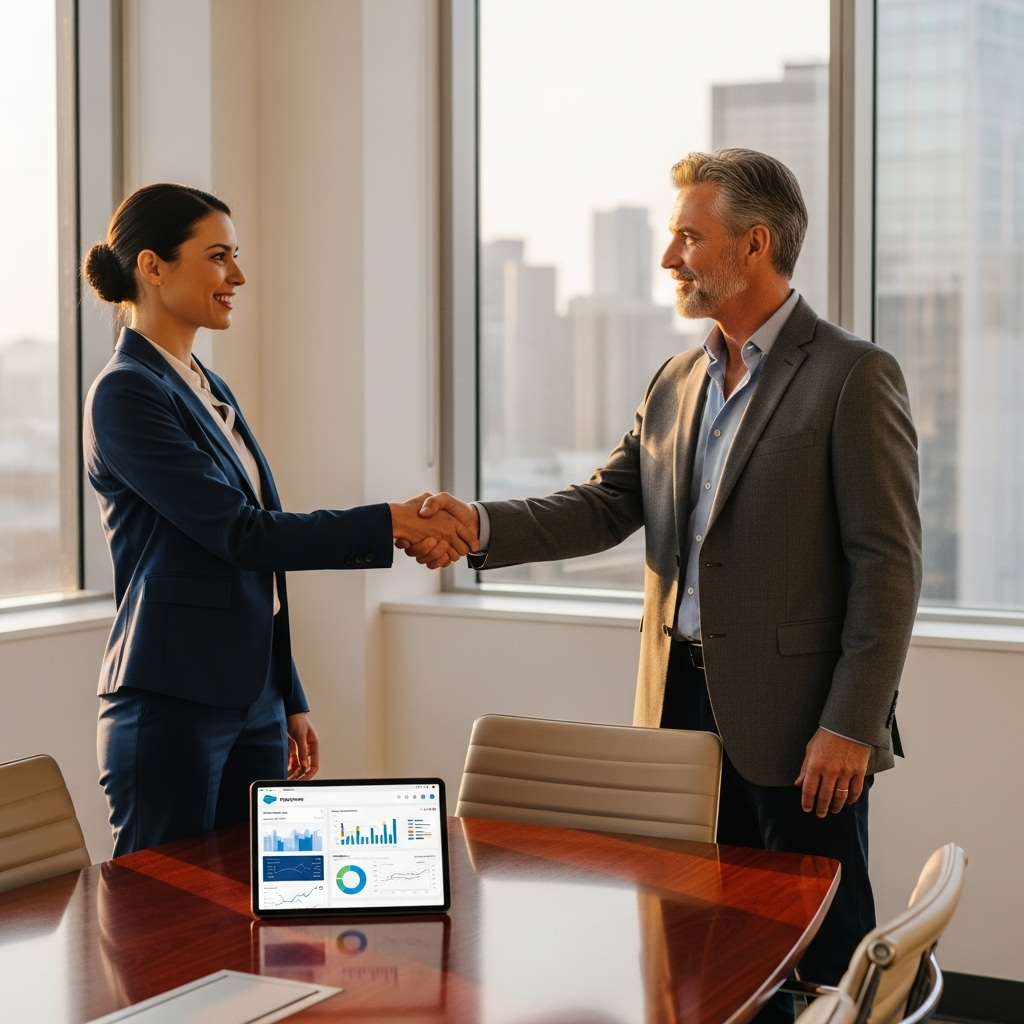 Professional consultant and business owner shaking hands in a modern meeting room, symbolizing a positive and successful partnership.