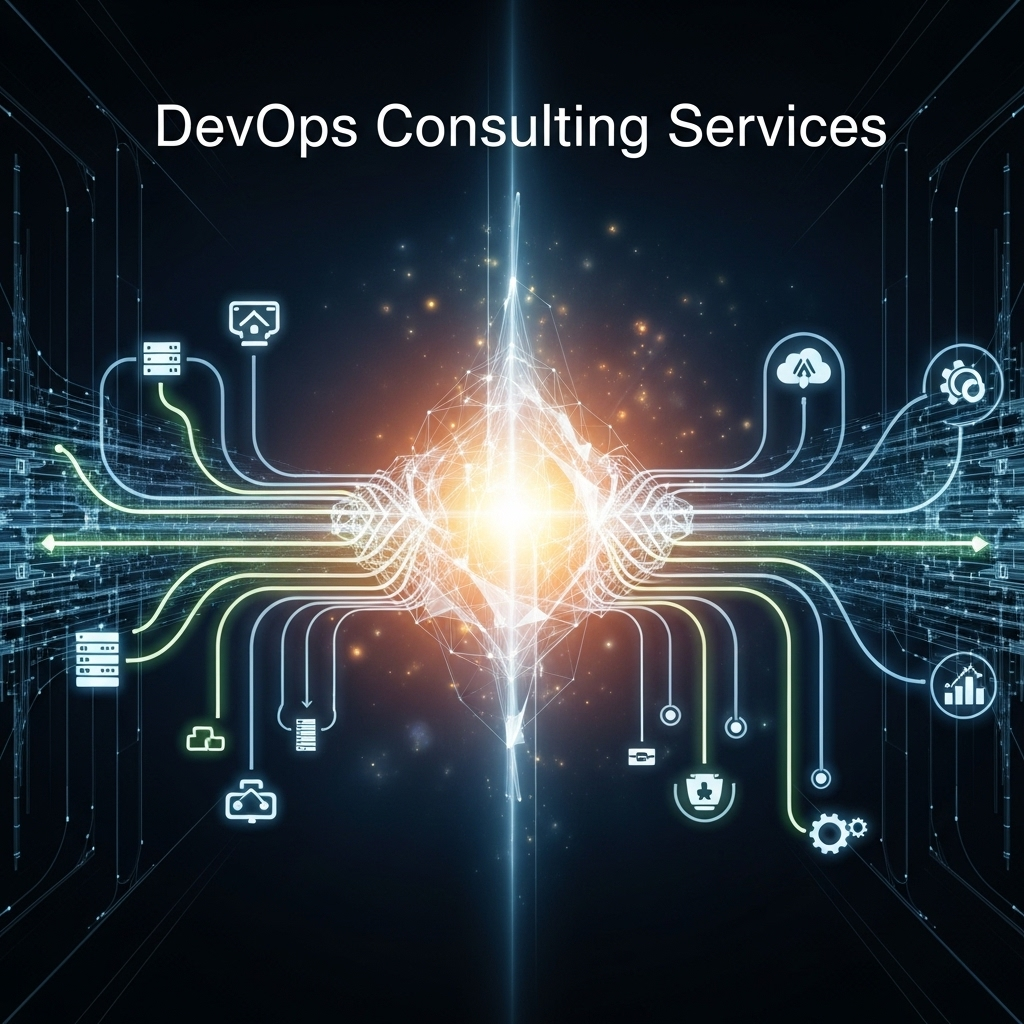Abstract square image featuring interconnected gears and cloud icons in blue and green tones, symbolizing DevOps consulting services that simplify IT processes for businesses.