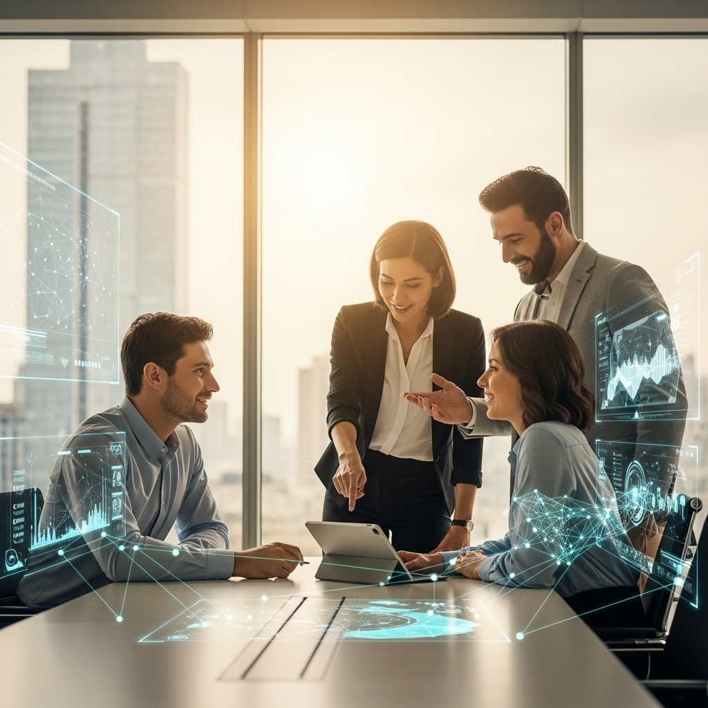 A modern business office with diverse professionals engaged in a collaborative discussion, surrounded by digital interfaces and light technology visuals, conveying teamwork, trust, and a forward-thinking atmosphere.