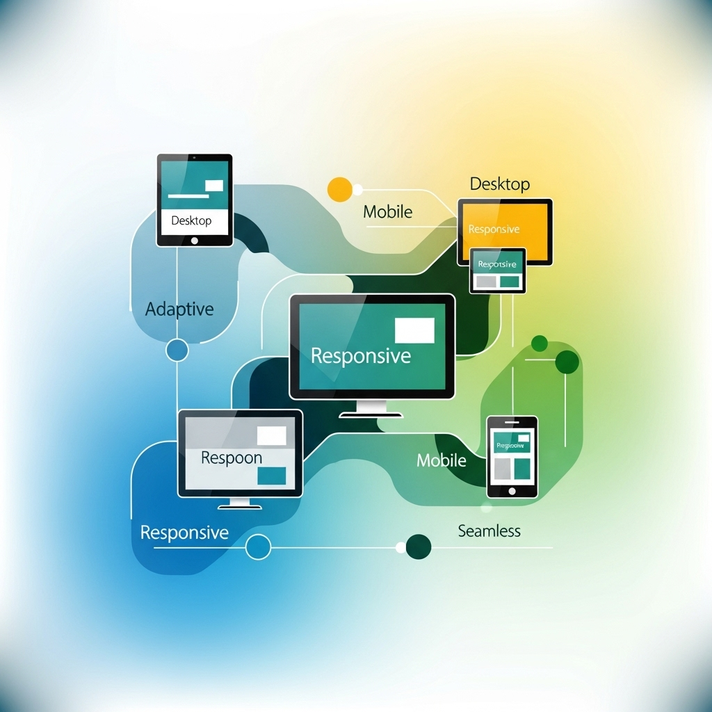 Abstract square image featuring interconnected geometric shapes and fluid lines in blue and green tones, symbolizing adaptability and seamless user experience, representing responsive web design services explained simply.