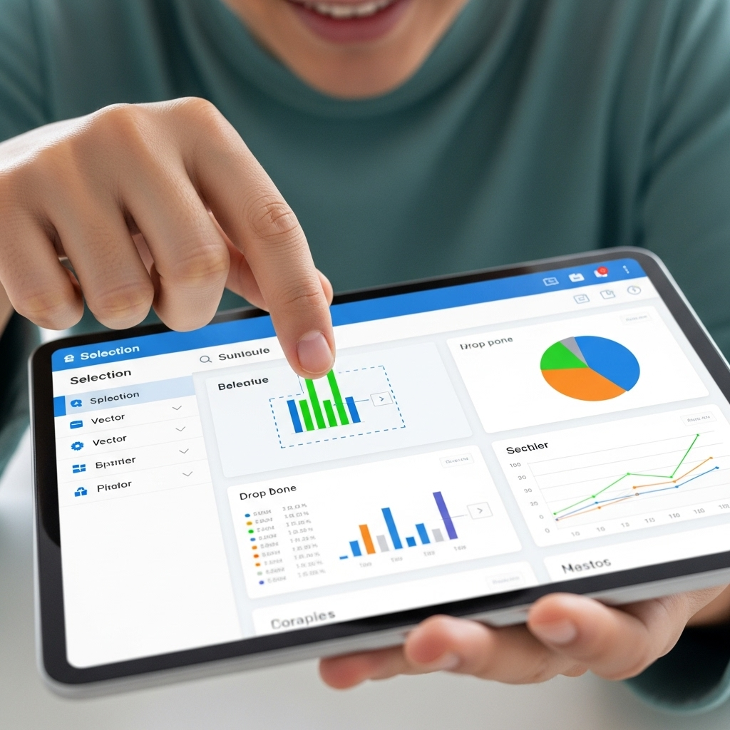 A close-up of a person using a tablet with an intuitive software interface, showcasing drag-and-drop chart creation and vibrant, clear icons. The user looks engaged and pleased.