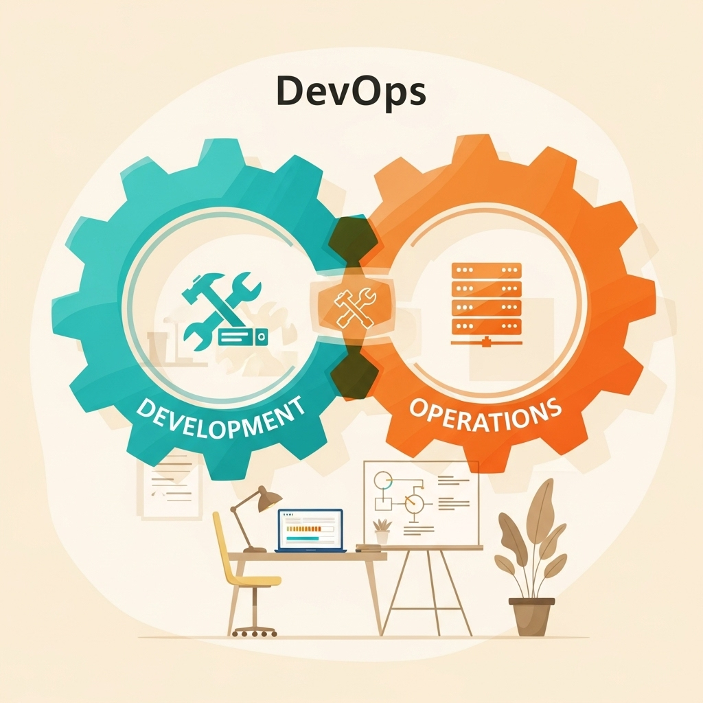 A simple and approachable illustration showing two interlocking gears, one representing development and the other operations, set in a welcoming workspace environment to visually explain DevOps basics.