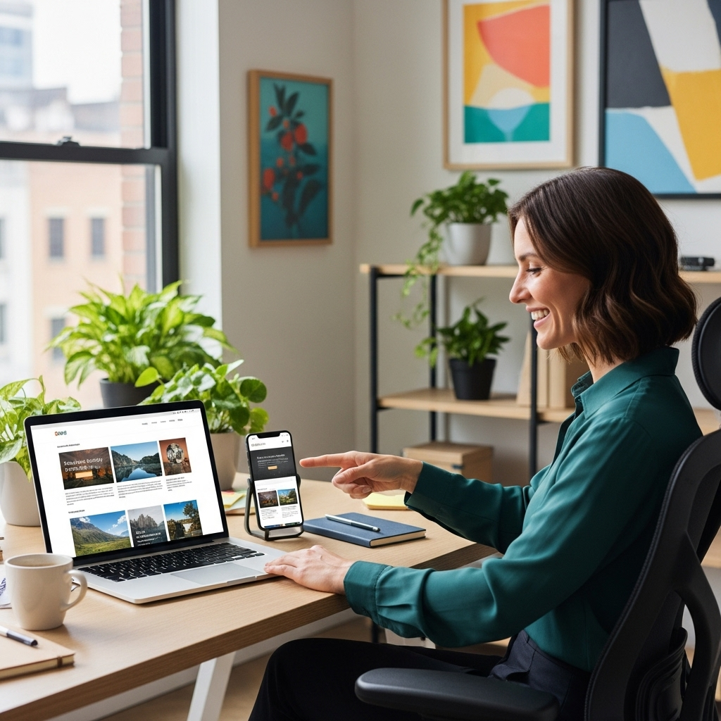 A bright and organized modern office where a designer is presenting a preview of a website on both a laptop and a smartphone, demonstrating how the design adapts seamlessly across devices. The workspace features plants and warm, inviting decor.