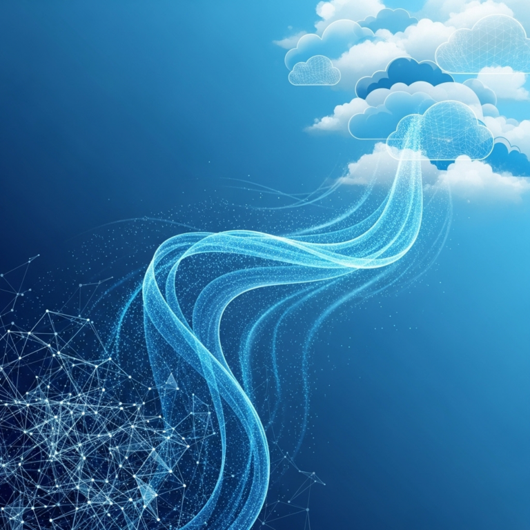 alt description: Abstract square image with digital cloud icons and upward arrows symbolizing cloud migration services, representing a seamless transition to cloud technology for a featured blog post titled "Cloud Migration Services: Your Essential Overview."