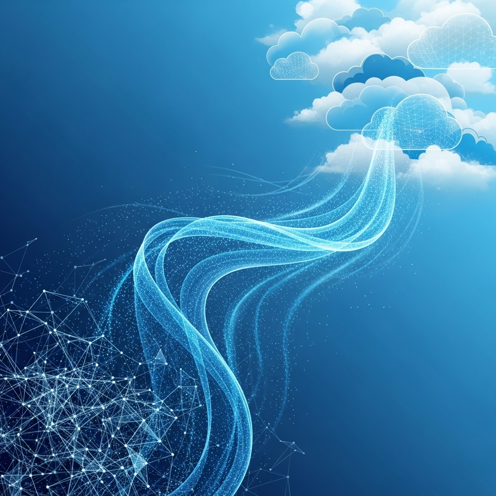 alt description: Abstract square image with digital cloud icons and upward arrows symbolizing cloud migration services, representing a seamless transition to cloud technology for a featured blog post titled 