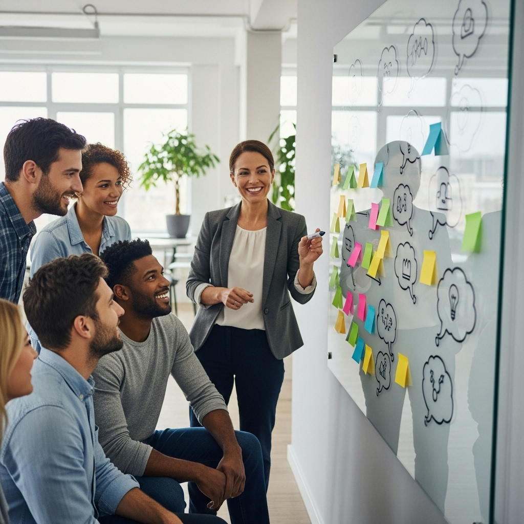 A small business team sits relaxed and smiling as they engage with an expert consultant who uses sticky notes and bubbles on a modern glass board, fostering open communication in a friendly, non-intimidating setting.