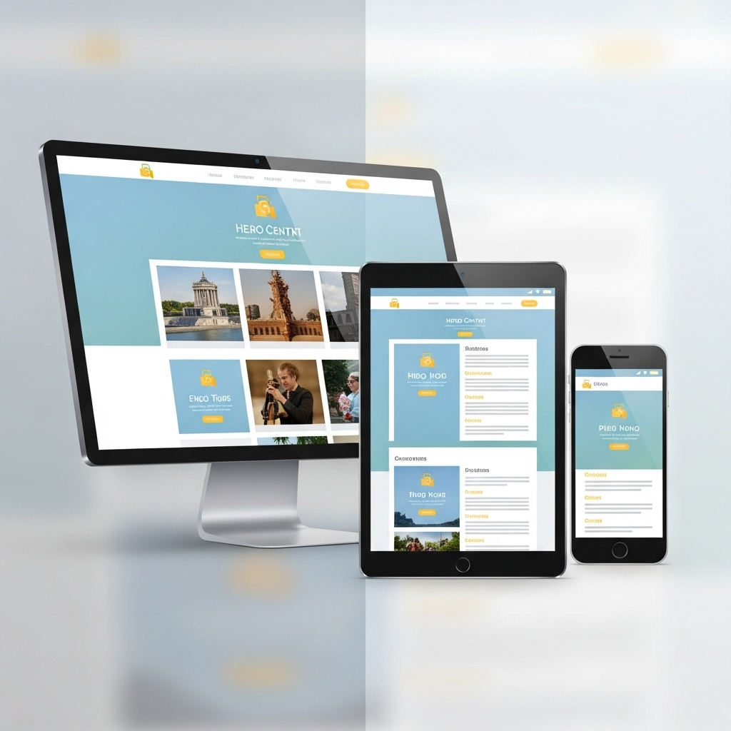 A split-screen image showing a website displayed seamlessly on a desktop monitor, tablet, and mobile phone, each device slightly angled with a colorful and clear layout tailored to its screen size against a soft, minimal background.