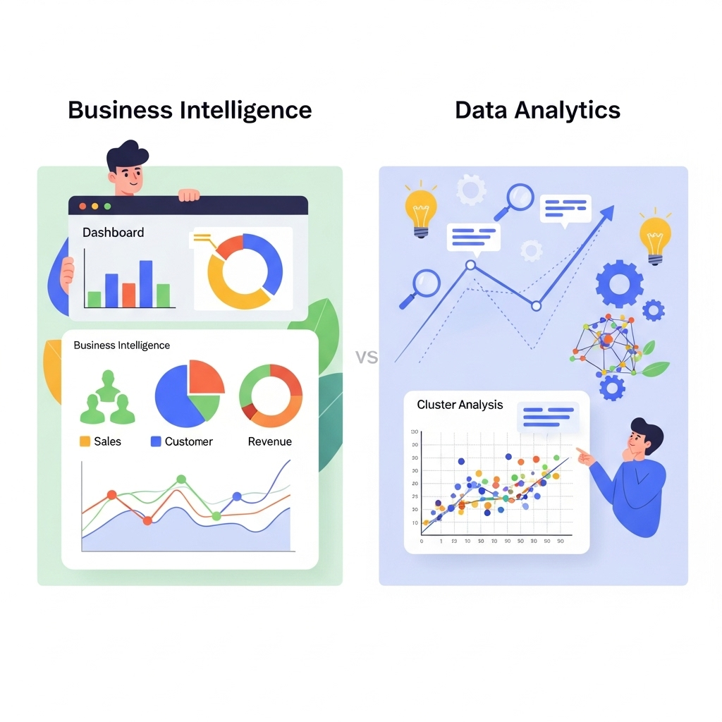 An illustrated side-by-side comparison showing a simple dashboard on the left and colorful predictive graphs with insights on the right, rendered in a vibrant and friendly style.