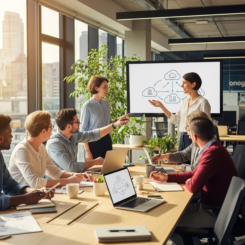 A bright, modern office space with a diverse group of professionals engaged in discussion, working on laptops and screens showing simplified cloud icons, creating an inviting atmosphere that supports a smooth transition to cloud technologies.