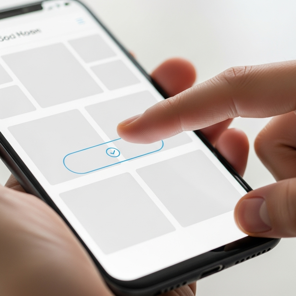 A close-up of a person using their smartphone to interact with a clean, modern website interface, tapping a prominent button that highlights simplicity and ease of navigation.