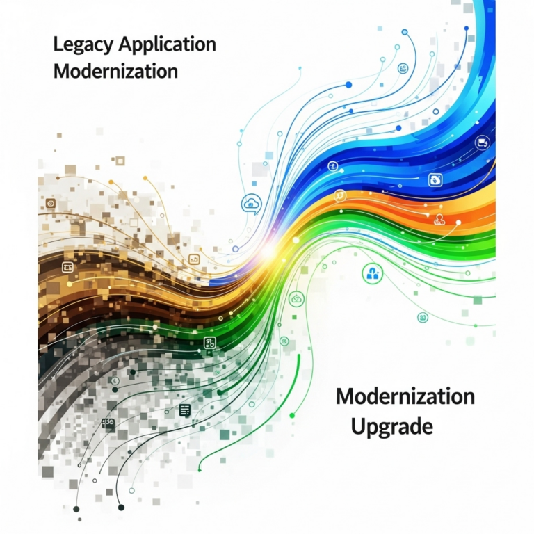 Abstract square image symbolizing legacy application modernization services, featuring interconnected digital elements and smooth transitions to represent simplifying business upgrades.