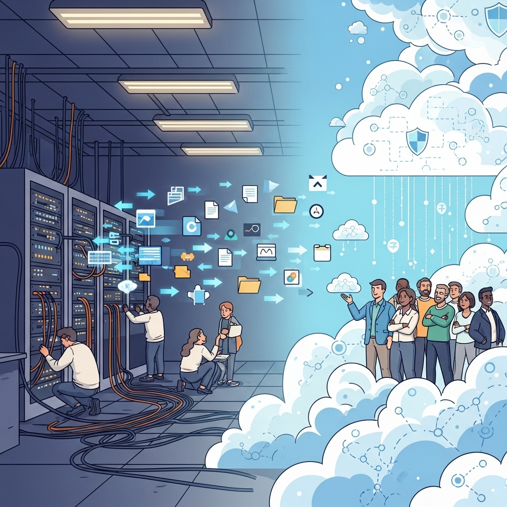 An illustration depicting arrows transferring digital files and applications from a traditional server room to a bright, secure cloud environment, with people looking reassured and confident about the transition.
