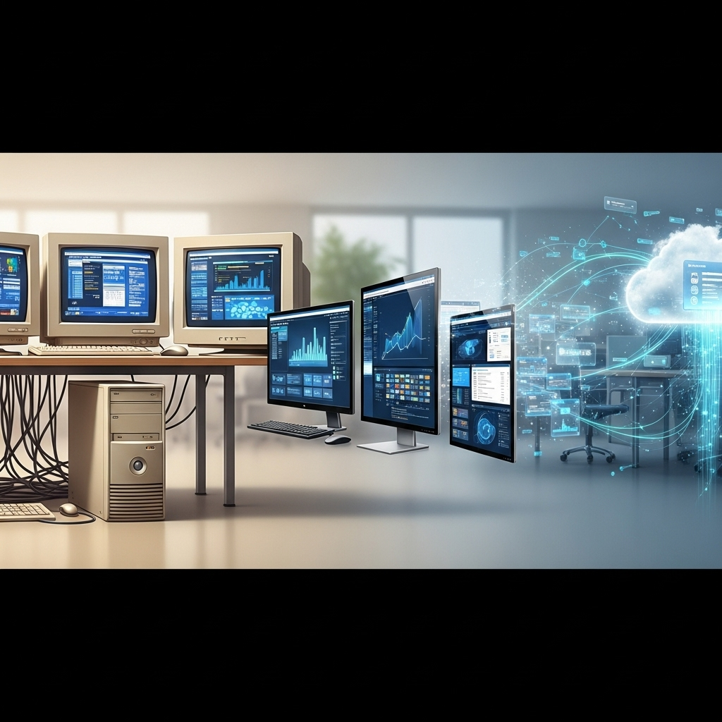 A visual depiction of an outdated computer setup with bulky, multi-screen monitors gradually transforming into a sleek, cloud-based digital application within a professional office environment, highlighting a smooth and seamless transition with clean lines.
