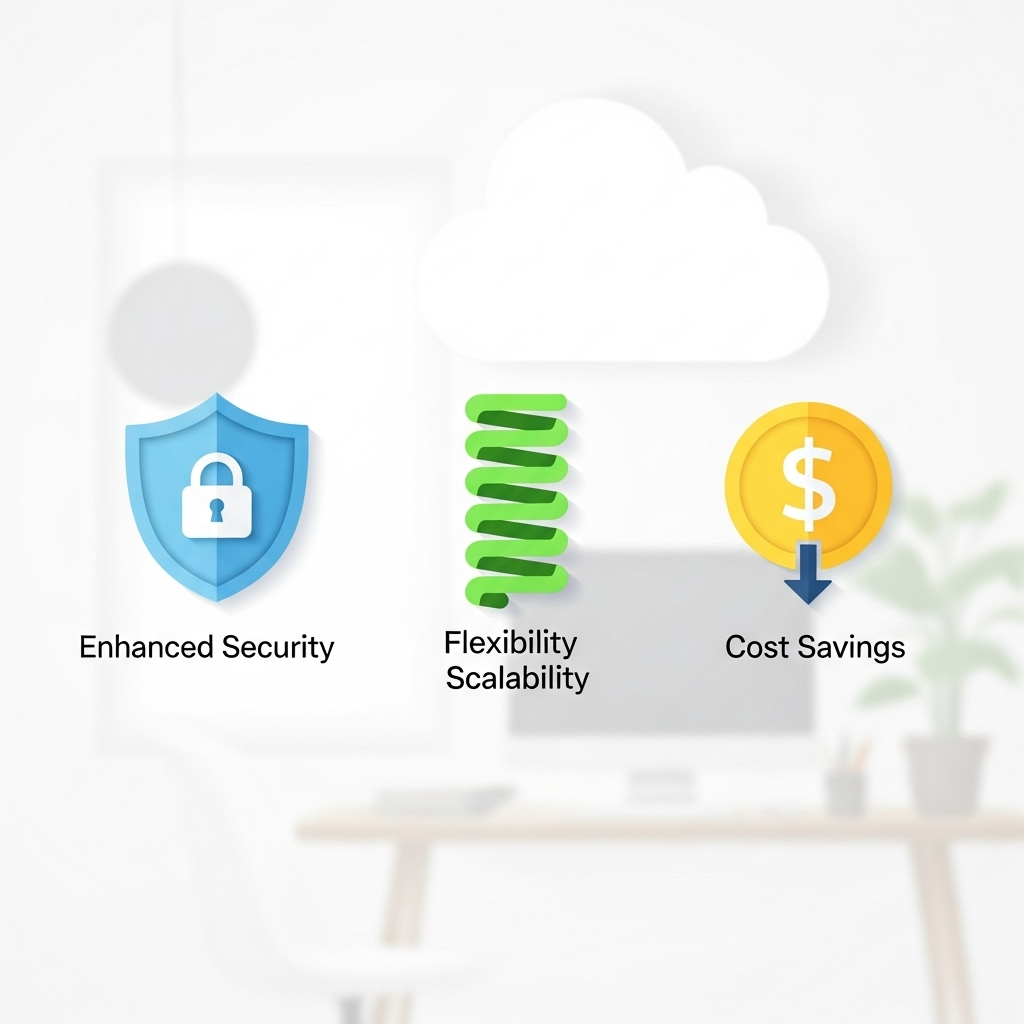 A clean, minimalistic graphic illustrating key business advantages such as security, flexibility, and cost savings through simplified icons set against a subtle office background, conveying a positive and streamlined atmosphere.