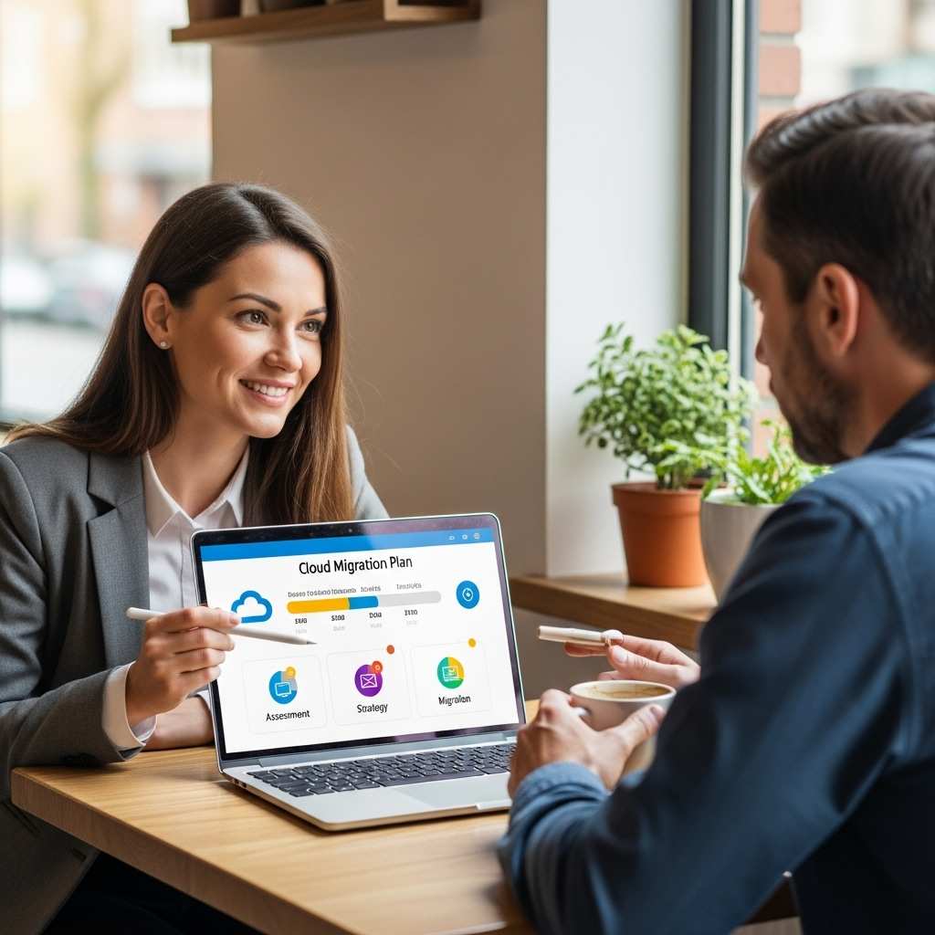 A friendly cloud consulting expert engaging with a small business owner, reviewing a personalized plan on a laptop in an informal and supportive setting that fosters trust and empathy.