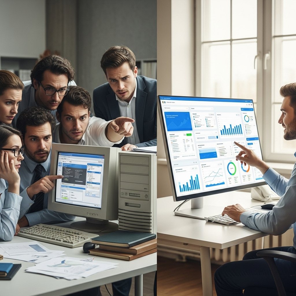 A business team looking frustrated while using slow, outdated computer hardware and software, contrasted with a bright, streamlined digital dashboard representing modern software. The scene highlights the difference between frustration and satisfaction, illuminated by natural lighting and featuring no text elements.
