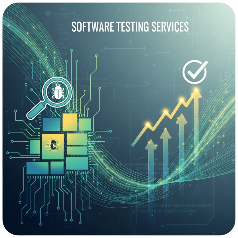Abstract square image featuring interconnected colorful geometric shapes and digital symbols, visually representing the concept of software testing services in a clear and engaging way.