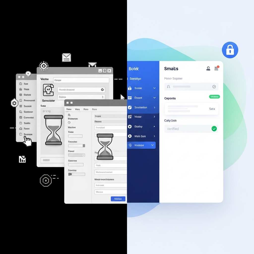 An illustration contrasting a cluttered, monochrome legacy application with a vibrant, user-friendly modern interface, highlighting improved efficiency alongside subtle visual cues of reliability and security.
