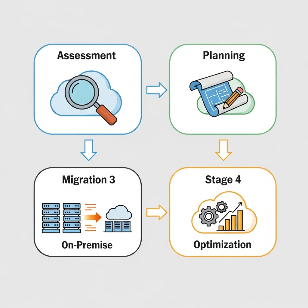 A clear and simple visual flowchart illustrating the stages of moving to the cloud, featuring icons for assessment, planning, migration, and optimization, designed in an approachable and non-technical style for general audiences.