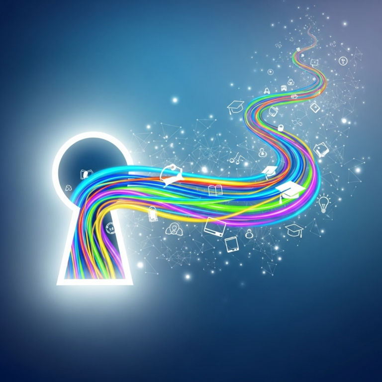 The alt description is: Abstract square image featuring interconnected digital nodes and an open lock symbol, representing an elearning portal unlocking hassle-free learning.