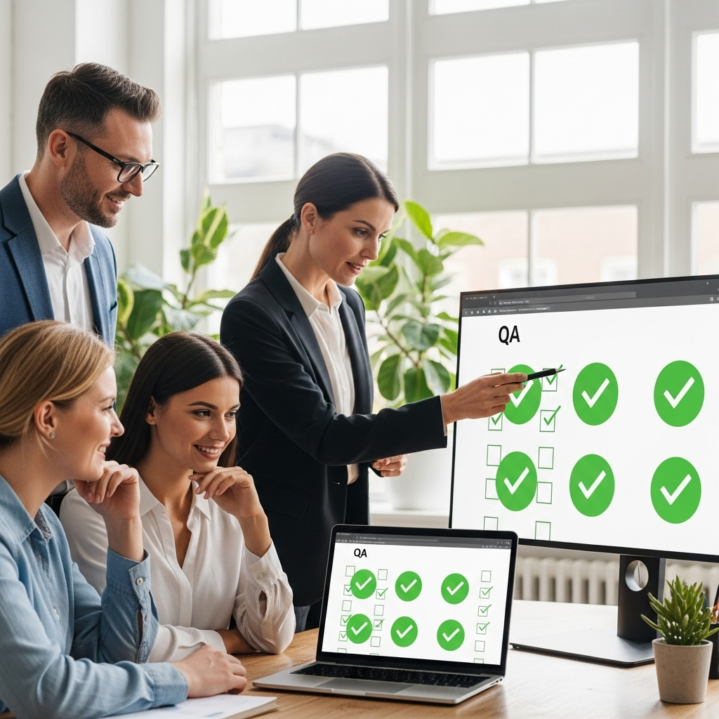 A group of small business owners gathered around a laptop, reviewing a smoothly functioning website with a QA expert pointing to a checklist marked with green checkmarks, creating a positive and reassuring atmosphere.
